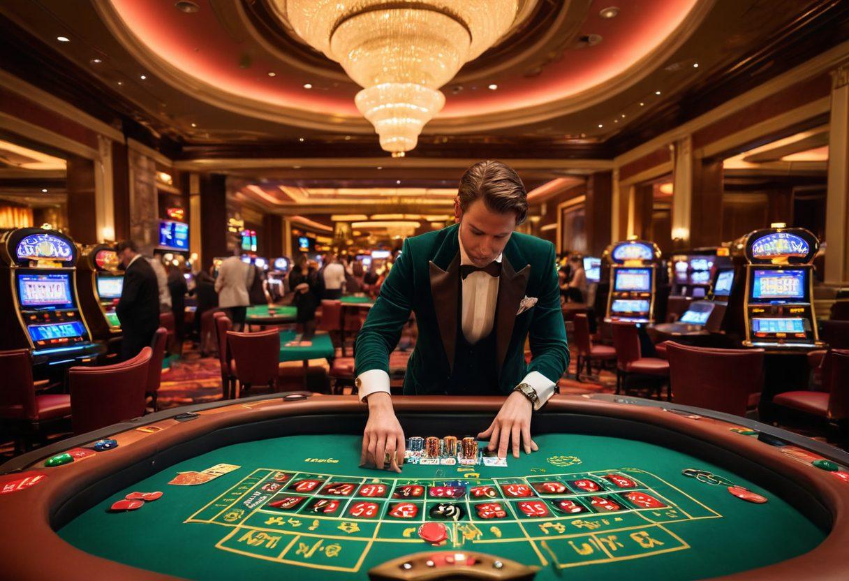A high-stakes casino scene featuring a luxurious roulette table surrounded by stylishly dressed high rollers, with vibrant chips and cards scattered around. The ambiance is filled with excitement, showcasing a backdrop of dazzling lights and opulent decorations. Include elements that depict strategy, such as a detailed betting guide being studied by one of the players. The color palette should be rich and inviting, emphasizing the thrill of high roller betting. super-realistic. vibrant colors. 3D.