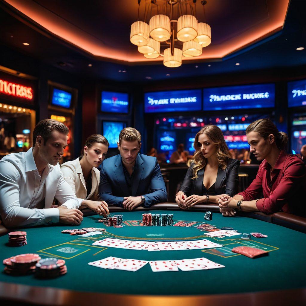 A dramatic scene of a high-stakes poker table set in a dimly lit casino, showcasing intense players with focused expressions, colorful chips stacked high, and cards expertly fanned out. In the background, neon lights and a bar serving extravagant cocktails add an air of sophistication and tension. Include subtle elements like strategy notes or betting odds sheets scattered on the table. cinematic lighting. vibrant colors. 3D.
