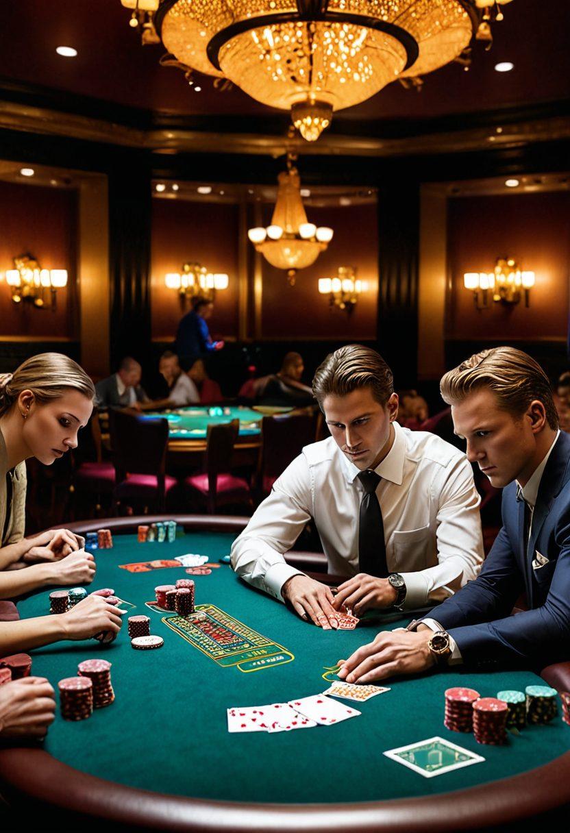 A high-stakes casino scene featuring a diverse group of players at a glamorous poker table, illuminated by dramatic lighting. Emphasize chips, cards, and expressions of excitement and focus. Include elements of strategy like notes or a strategic guide in the foreground. The background should depict ornate decor with a hint of lavishness and a vibrant atmosphere. super-realistic. vibrant colors.